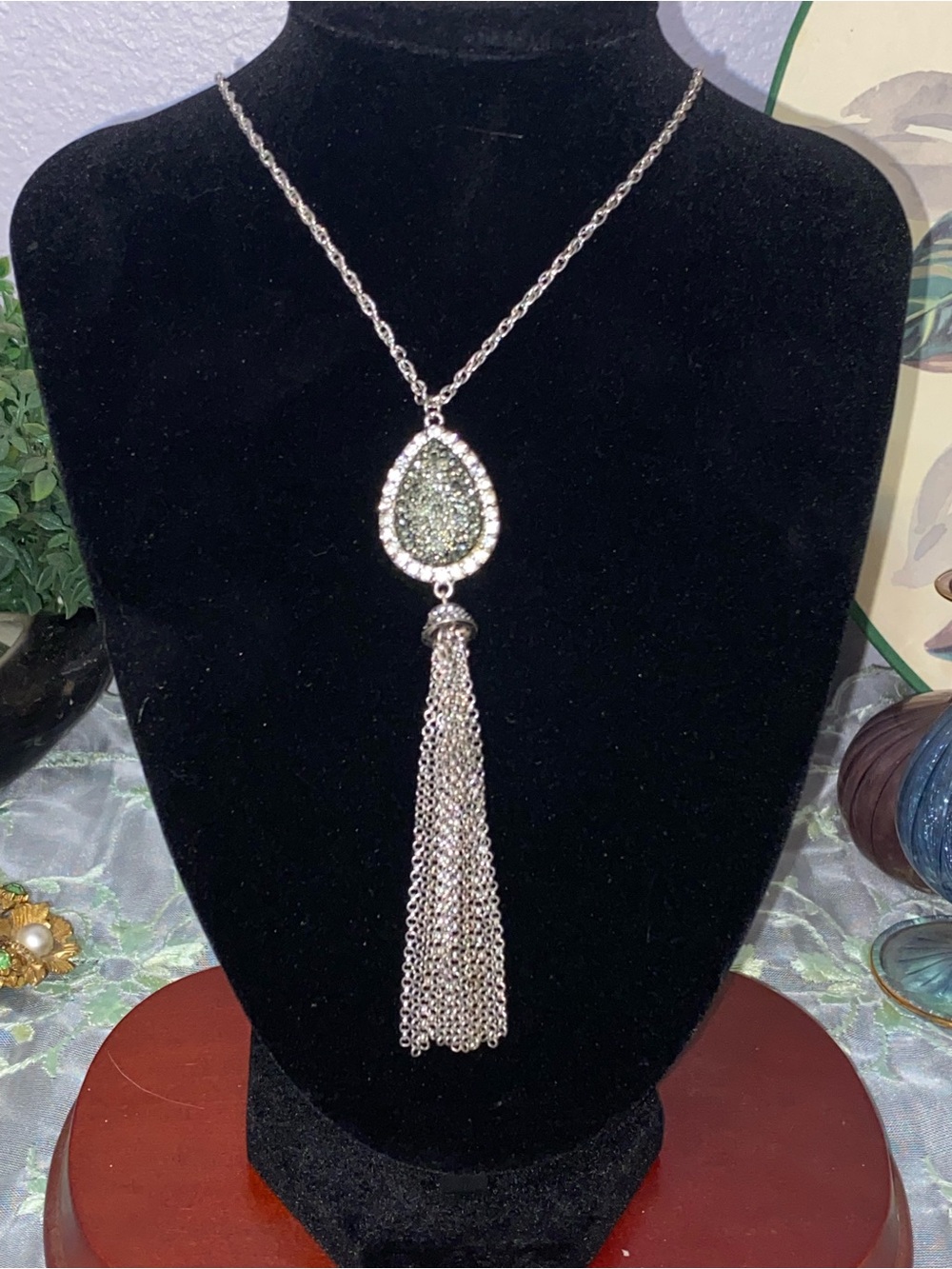 NWT GH Bass Co Silver Teardrop Pavé Crystal Tassel Pendant Necklace